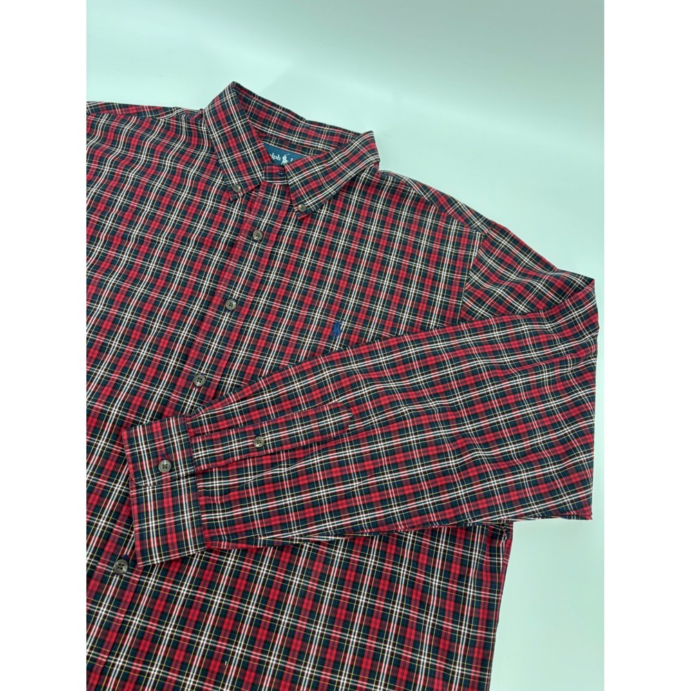 Ralph Lauren Mens XXL Custom Fit Plaid Button Down Shirt Red Navy Cotton